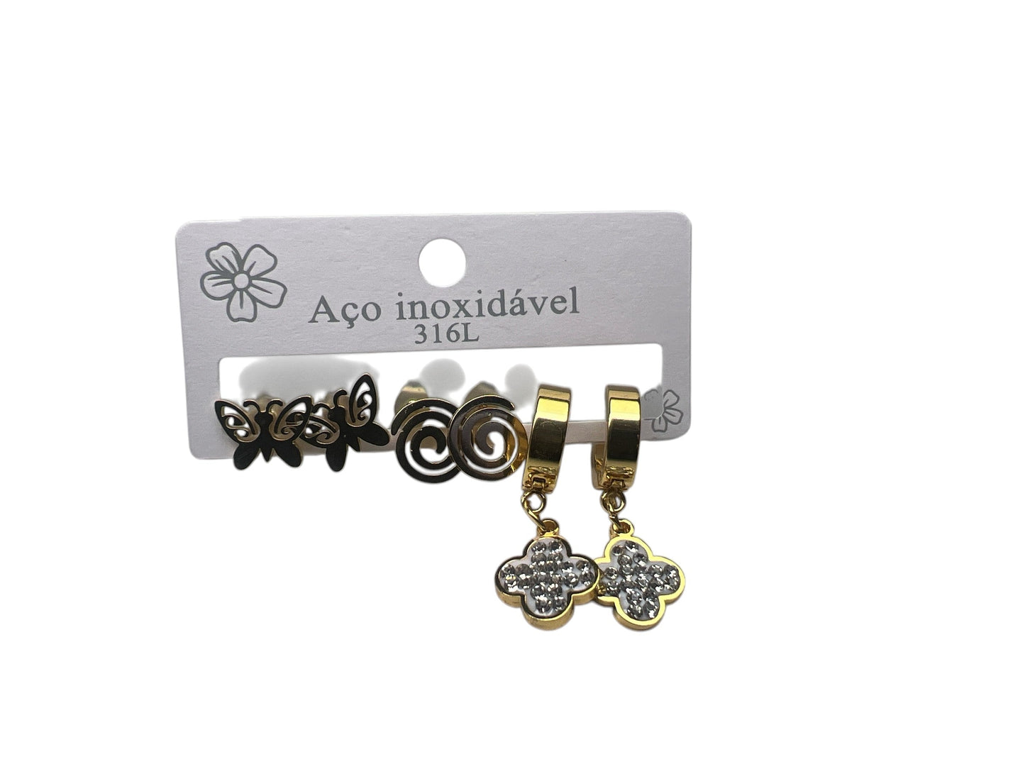 Trio de Earrings de Aço Borboleta